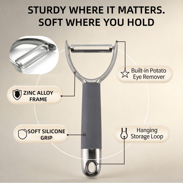 Wide Y-Shaped Potato Peeler for Fruits and Vegetables,Dual-Edge Stainless Steel Blade with Zinc Alloy Frame & Soft Silicone Grip,Gray