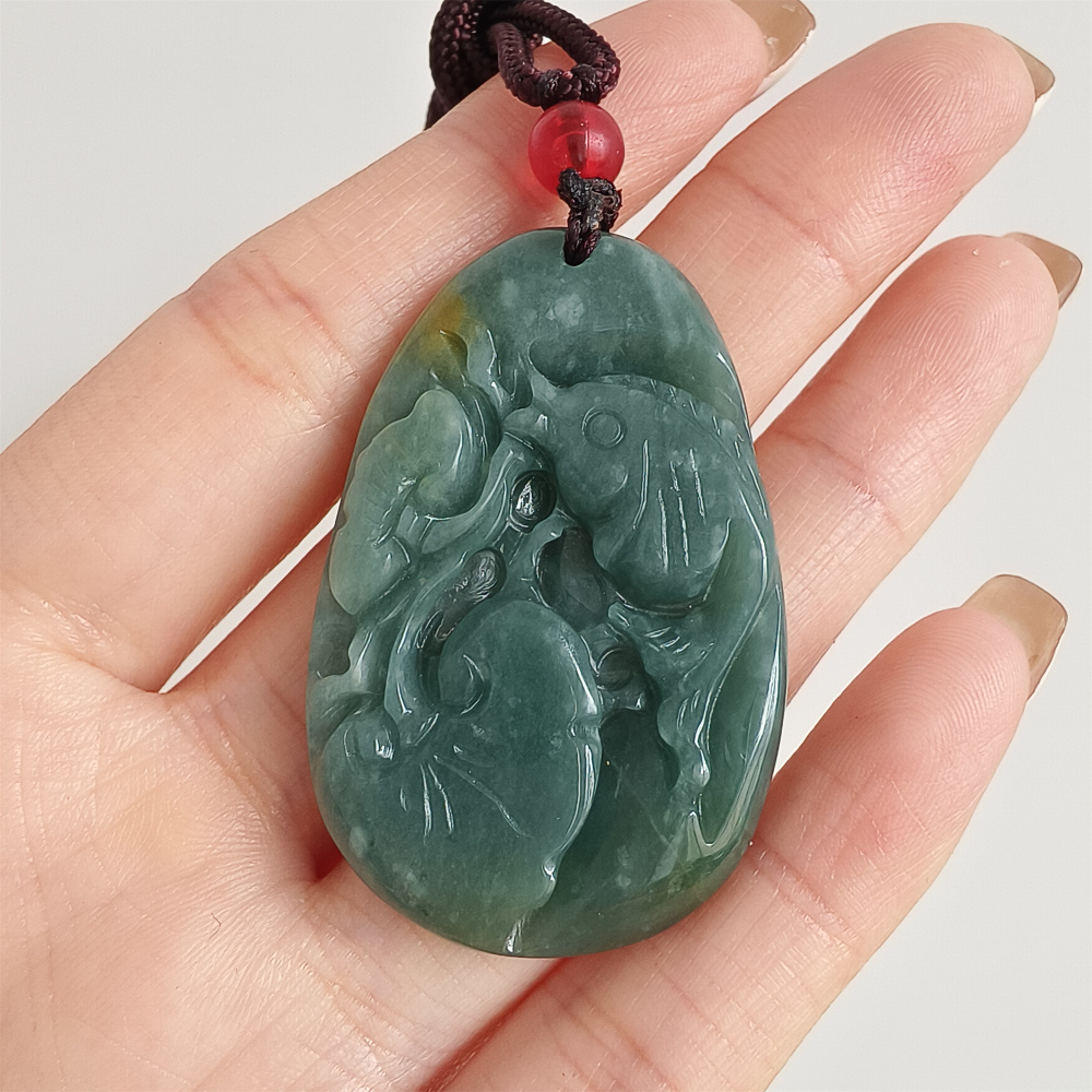 Unique Certificated Type A Untreated Blue Yellow Watery Guatemalan Jadeite Oval Pendant With Fish And Lotus Leaf Carved,Amulet Pendant,DIY Jewelry Supplies