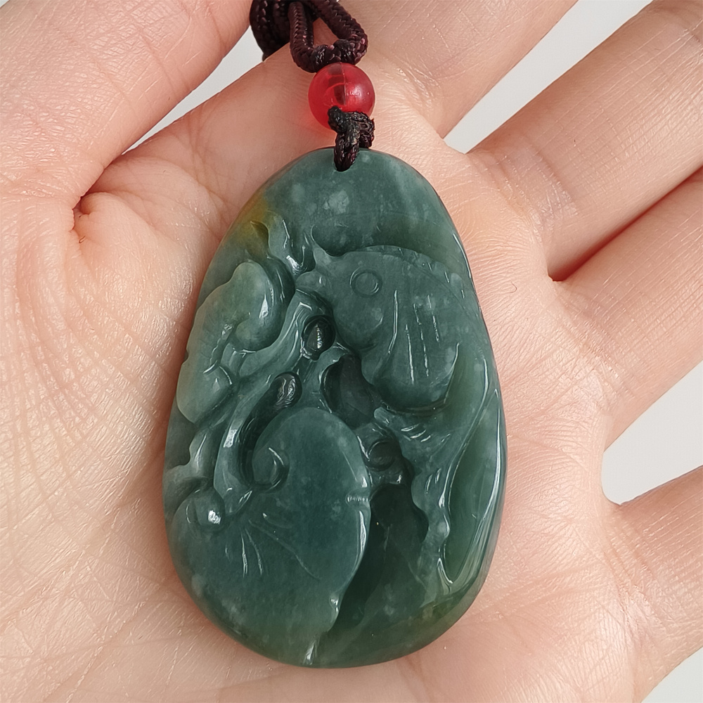 Unique Certificated Type A Untreated Blue Yellow Watery Guatemalan Jadeite Oval Pendant With Fish And Lotus Leaf Carved,Amulet Pendant,DIY Jewelry Supplies
