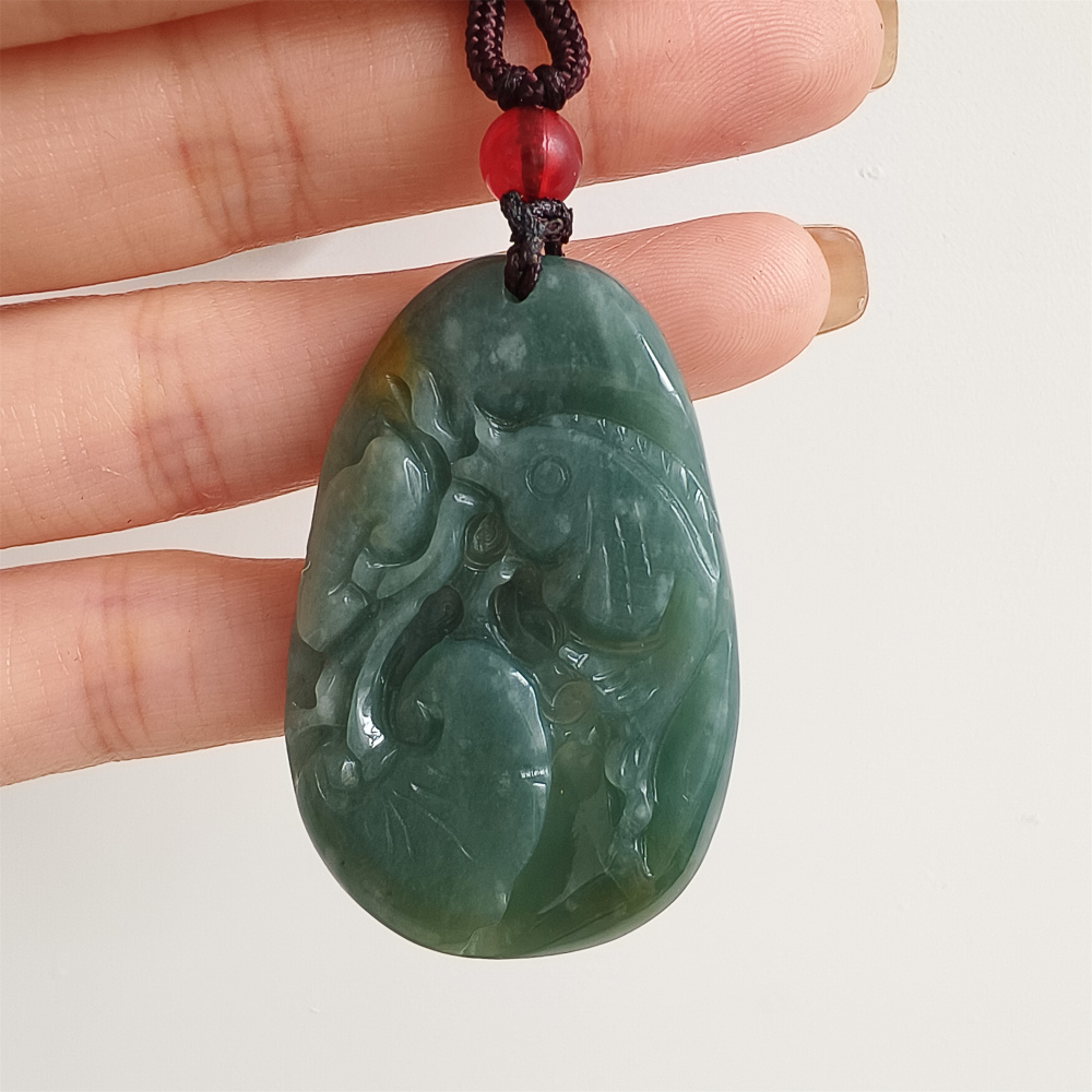 Unique Certificated Type A Untreated Blue Yellow Watery Guatemalan Jadeite Oval Pendant With Fish And Lotus Leaf Carved,Amulet Pendant,DIY Jewelry Supplies