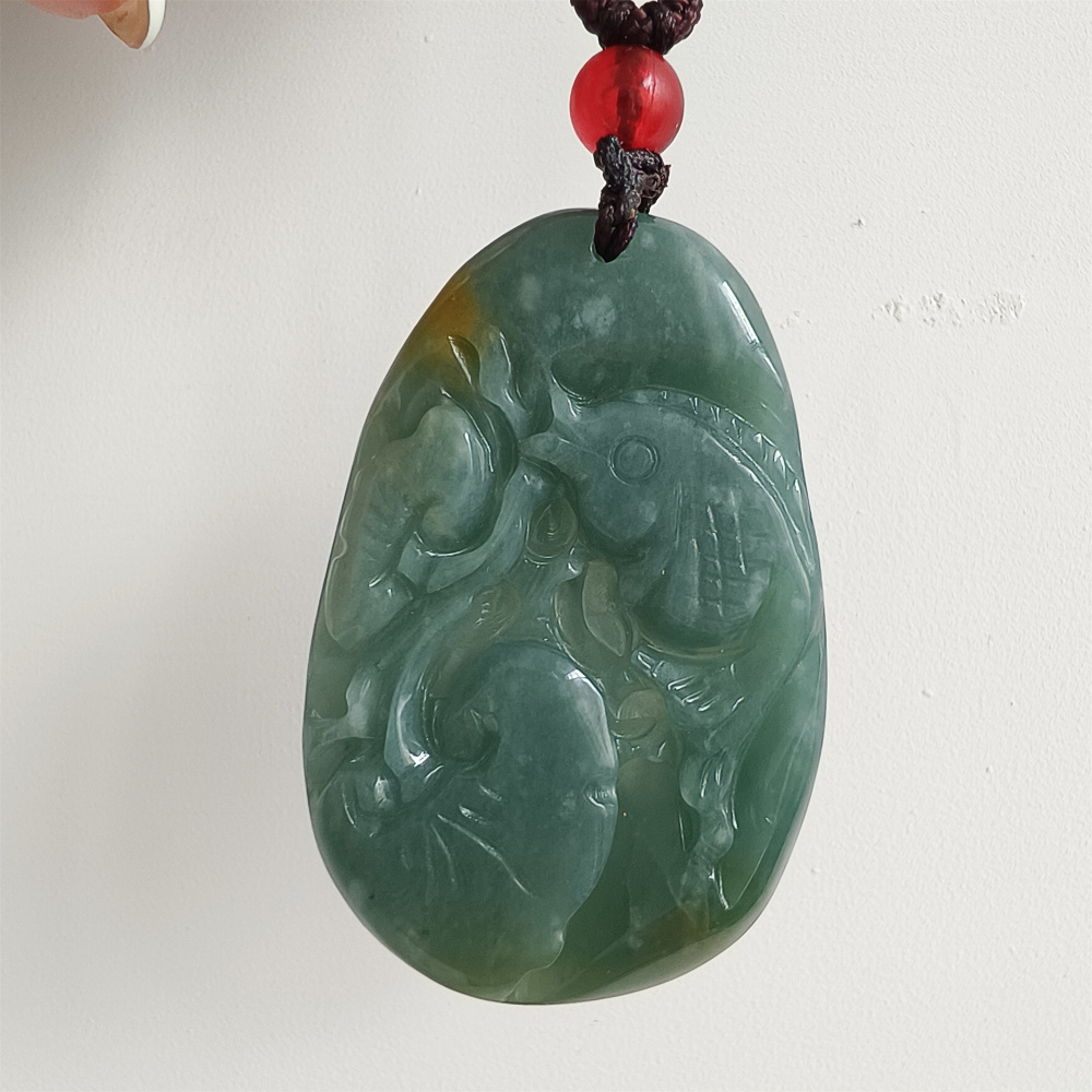 Unique Certificated Type A Untreated Blue Yellow Watery Guatemalan Jadeite Oval Pendant With Fish And Lotus Leaf Carved,Amulet Pendant,DIY Jewelry Supplies