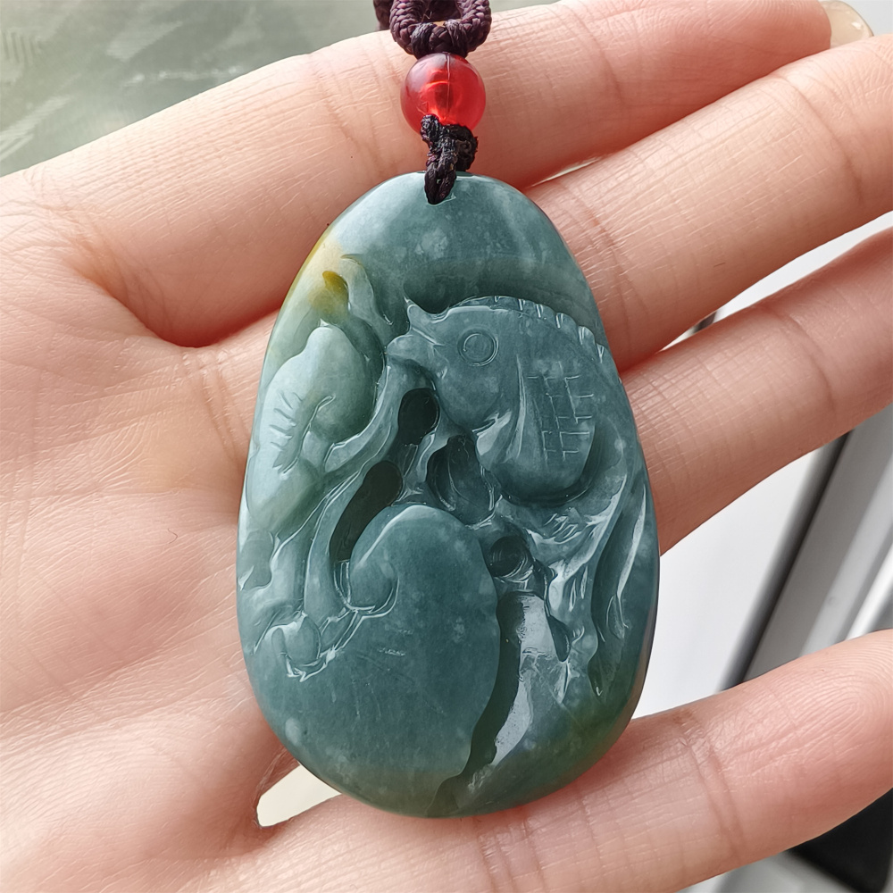 Unique Certificated Type A Untreated Blue Yellow Watery Guatemalan Jadeite Oval Pendant With Fish And Lotus Leaf Carved,Amulet Pendant,DIY Jewelry Supplies