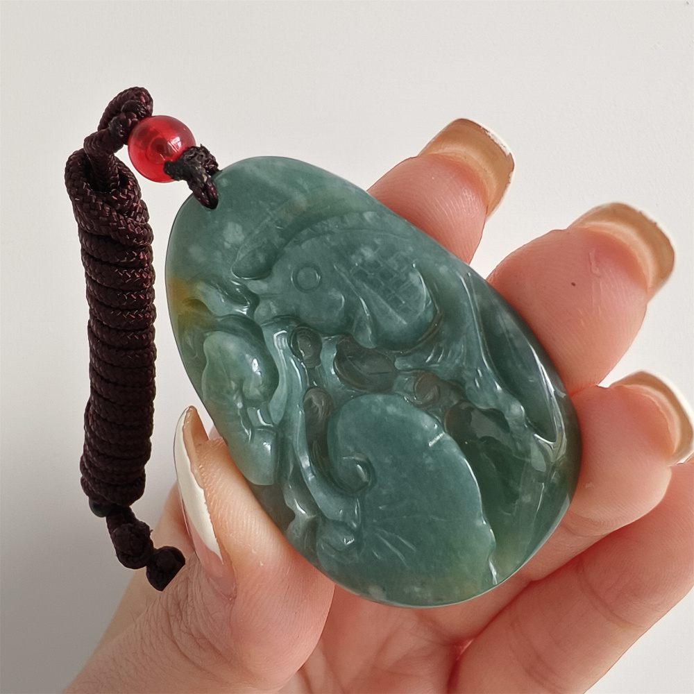 Unique Certificated Type A Untreated Blue Yellow Watery Guatemalan Jadeite Oval Pendant With Fish And Lotus Leaf Carved,Amulet Pendant,DIY Jewelry Supplies