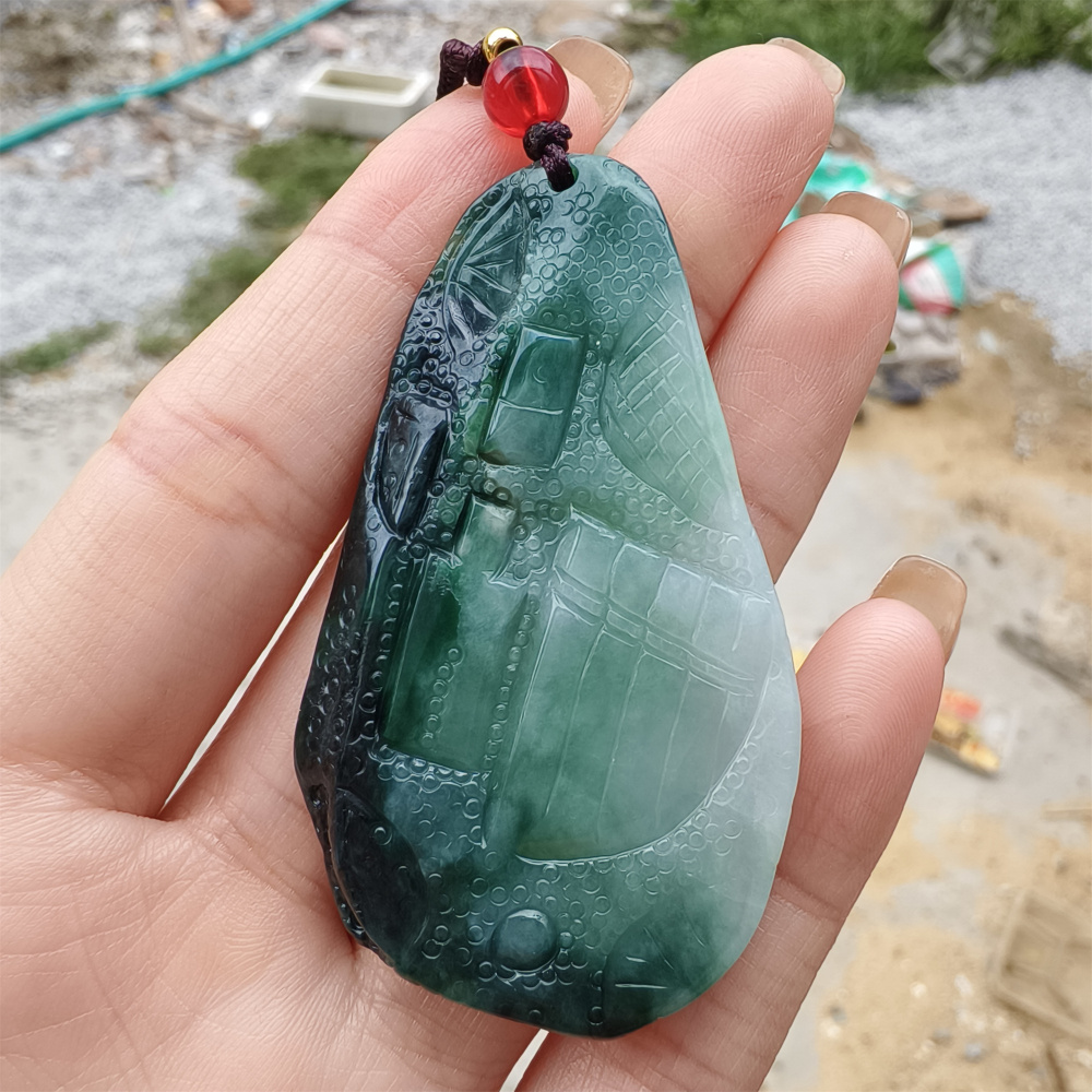 Unique Certificated Type A Untreated Dark Green And Light Green Watery Burmese Jadeite Hand Carved Oval Pendant,DIY Jewelry Supplies