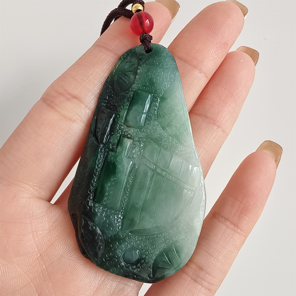 Unique Certificated Type A Untreated Dark Green And Light Green Watery Burmese Jadeite Hand Carved Oval Pendant,DIY Jewelry Supplies
