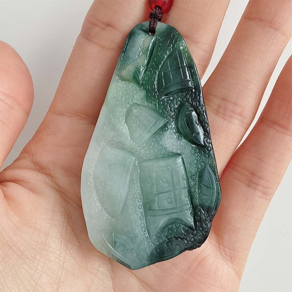 Unique Certificated Type A Untreated Dark Green And Light Green Watery Burmese Jadeite Hand Carved Oval Pendant,DIY Jewelry Supplies