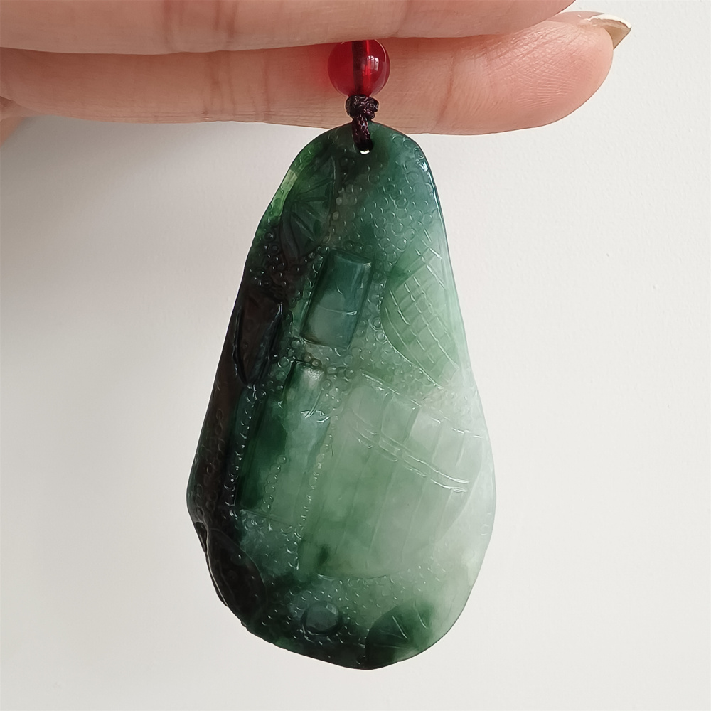 Unique Certificated Type A Untreated Dark Green And Light Green Watery Burmese Jadeite Hand Carved Oval Pendant,DIY Jewelry Supplies
