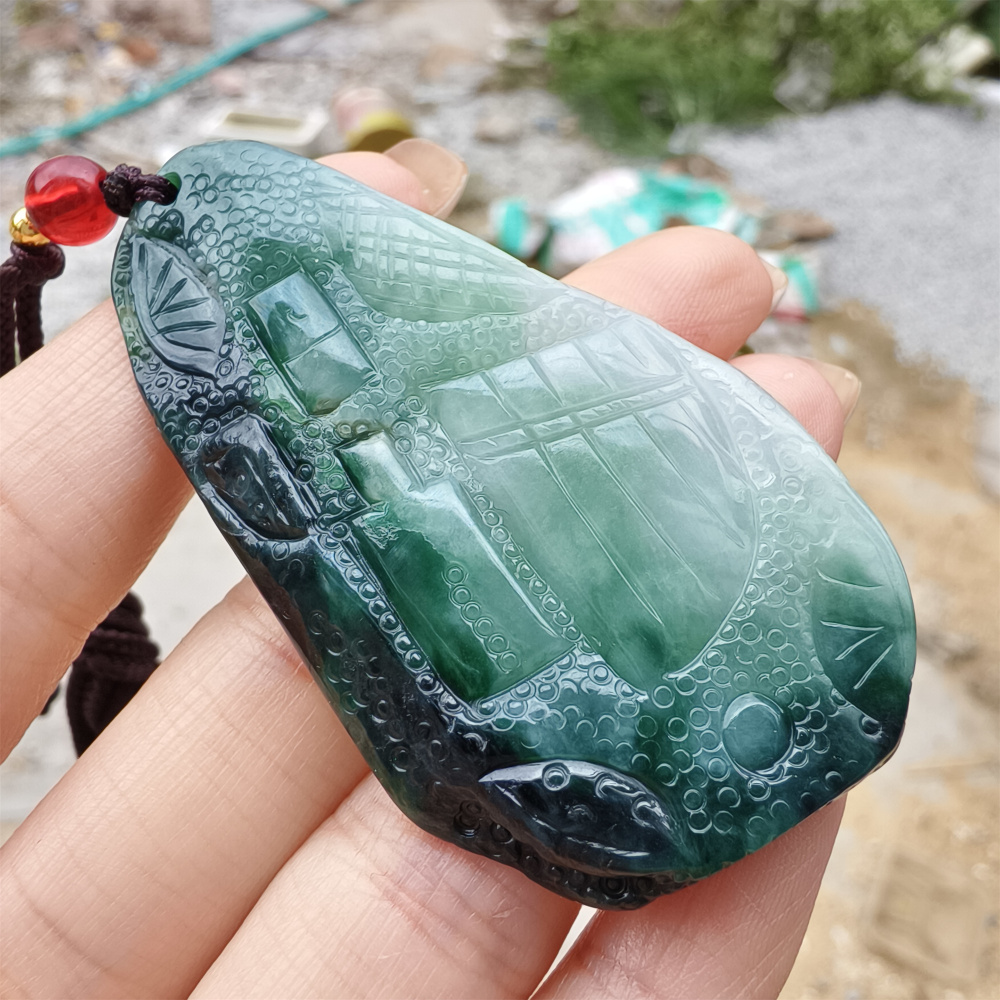 Unique Certificated Type A Untreated Dark Green And Light Green Watery Burmese Jadeite Hand Carved Oval Pendant,DIY Jewelry Supplies