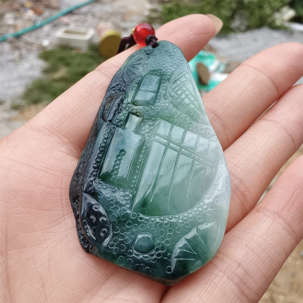 Unique Certificated Type A Untreated Dark Green And Light Green Watery Burmese Jadeite Hand Carved Oval Pendant,DIY Jewelry Supplies