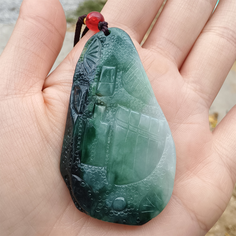 Unique Certificated Type A Untreated Dark Green And Light Green Watery Burmese Jadeite Hand Carved Oval Pendant,DIY Jewelry Supplies