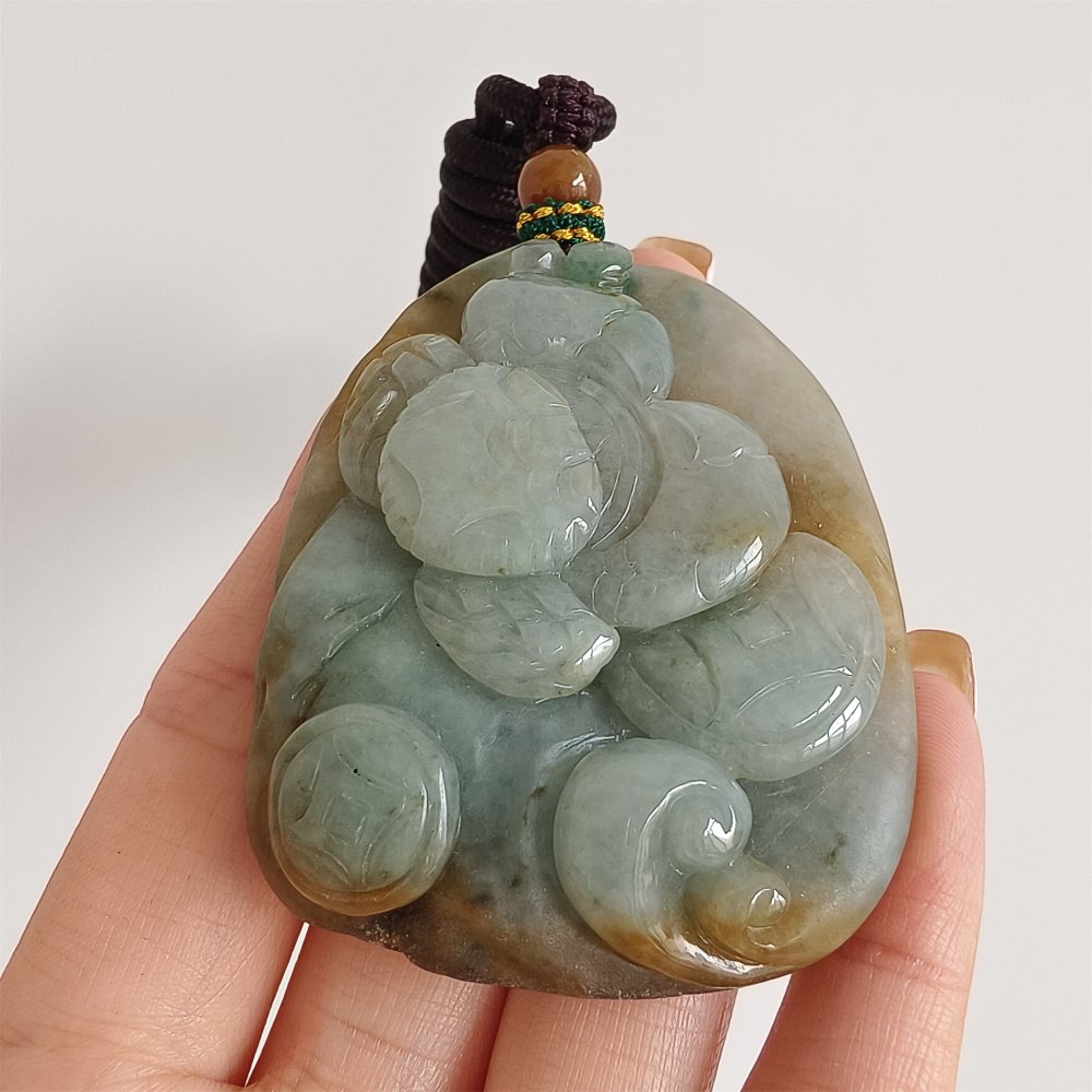 Unique Type A Untreated Green Yellow Burmese Jadeite Hand Carved Oval Pendant With Crab And Copper Coin Carved,Yellow Green Jadeite,DIY Jewelry Supplies