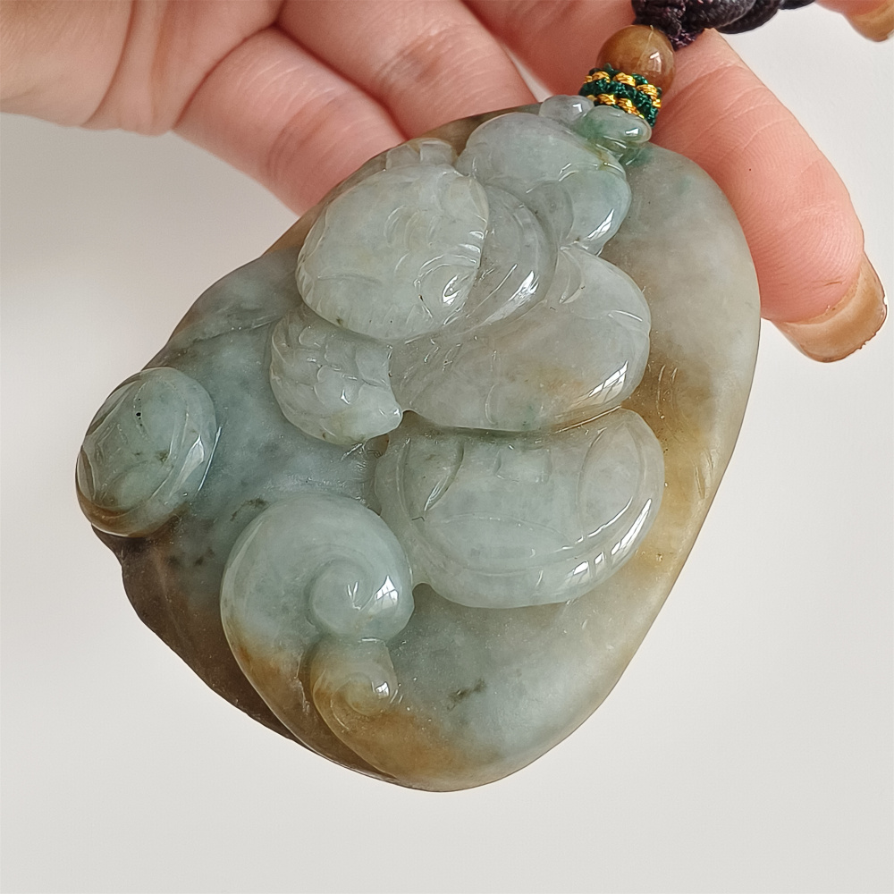 Unique Type A Untreated Green Yellow Burmese Jadeite Hand Carved Oval Pendant With Crab And Copper Coin Carved,Yellow Green Jadeite,DIY Jewelry Supplies