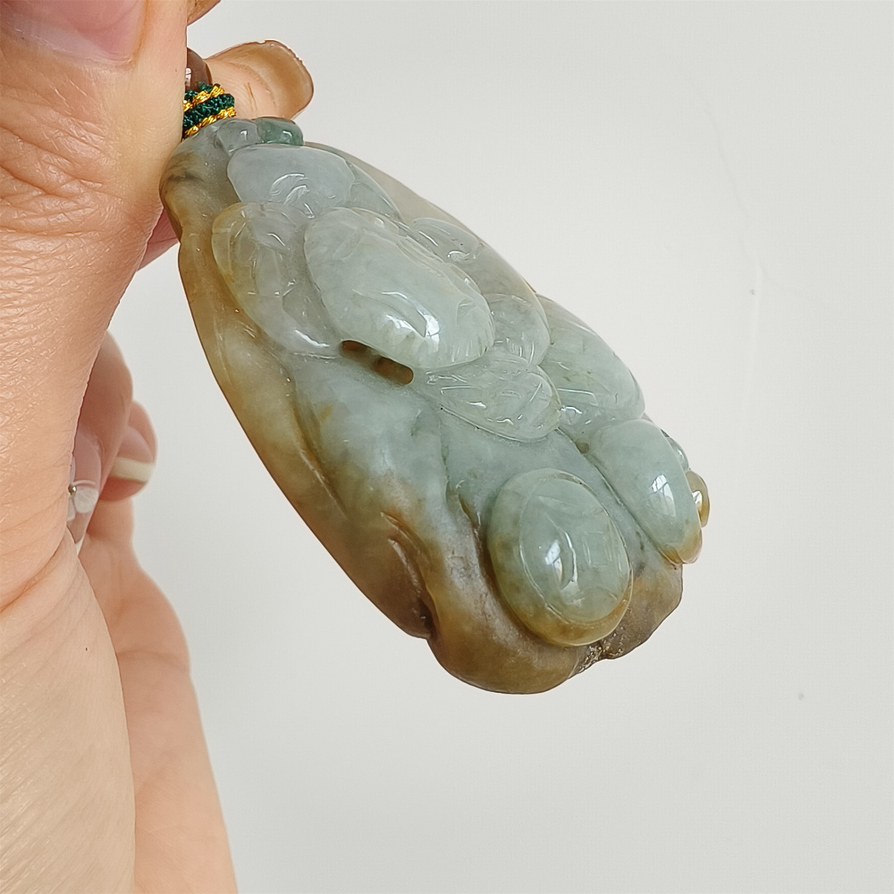 Unique Type A Untreated Green Yellow Burmese Jadeite Hand Carved Oval Pendant With Crab And Copper Coin Carved,Yellow Green Jadeite,DIY Jewelry Supplies