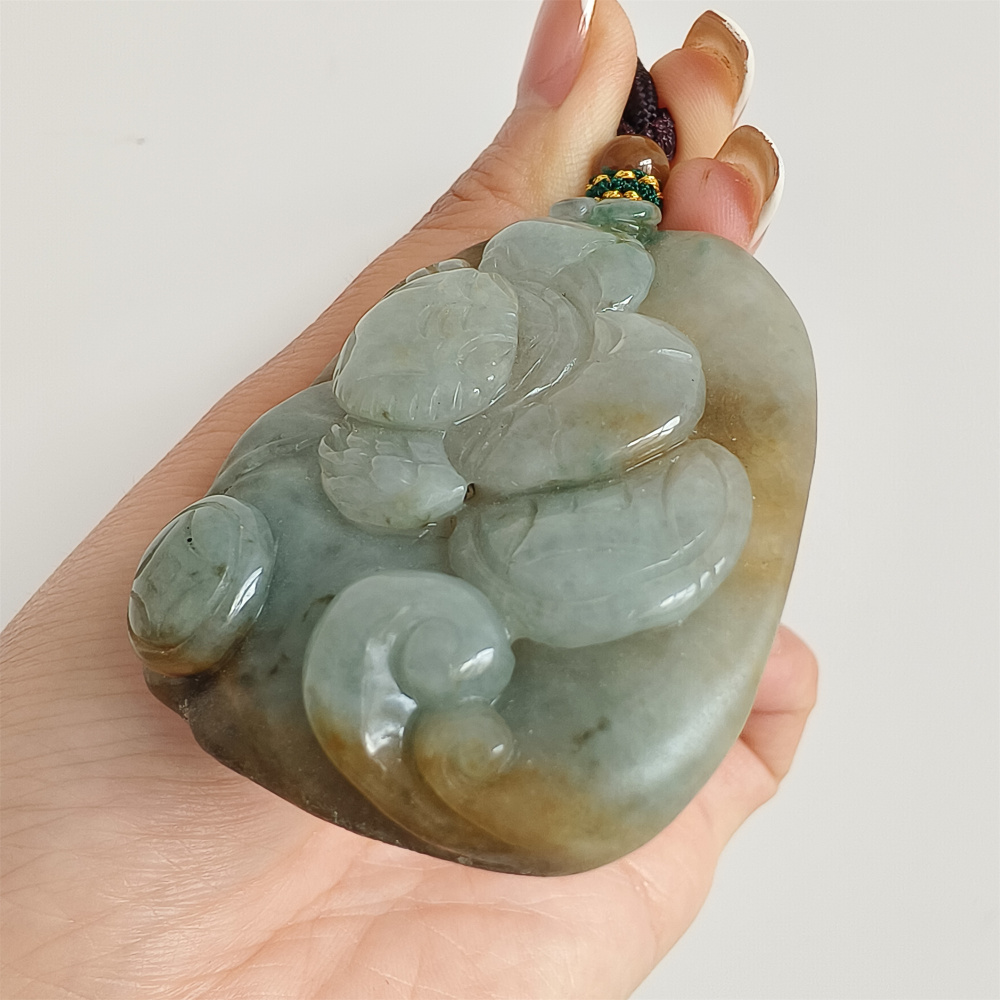 Unique Type A Untreated Green Yellow Burmese Jadeite Hand Carved Oval Pendant With Crab And Copper Coin Carved,Yellow Green Jadeite,DIY Jewelry Supplies