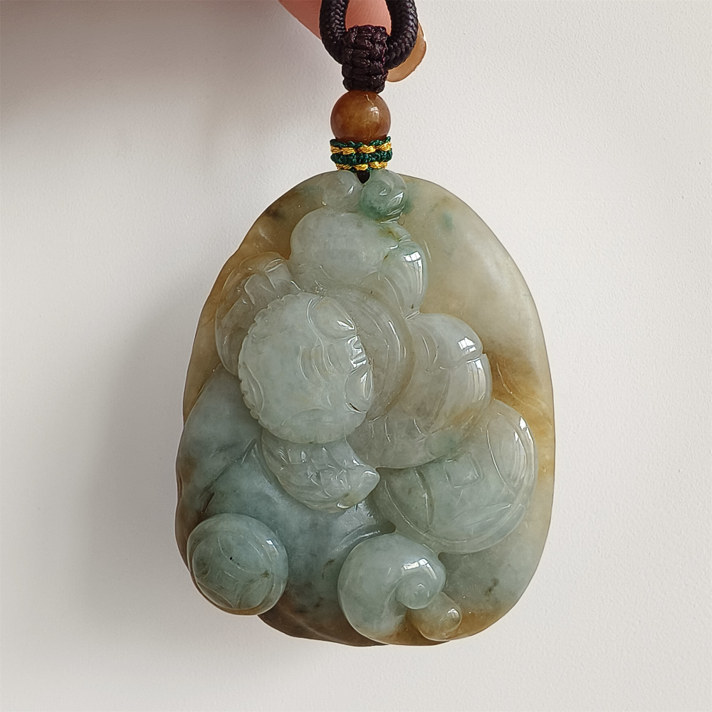 Unique Type A Untreated Green Yellow Burmese Jadeite Hand Carved Oval Pendant With Crab And Copper Coin Carved,Yellow Green Jadeite,DIY Jewelry Supplies