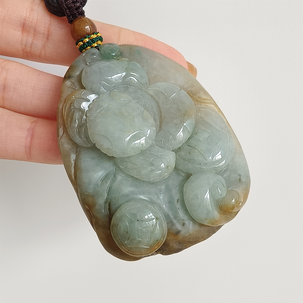 Unique Type A Untreated Green Yellow Burmese Jadeite Hand Carved Oval Pendant With Crab And Copper Coin Carved,Yellow Green Jadeite,DIY Jewelry Supplies