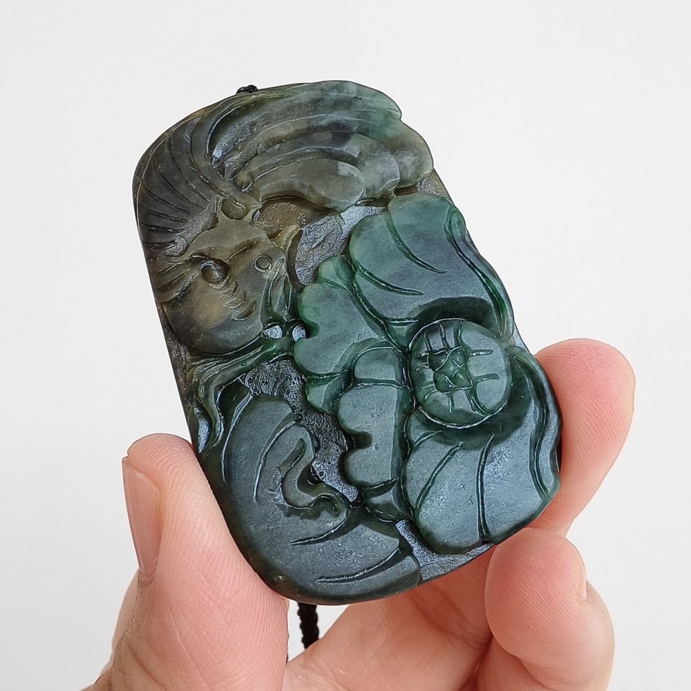 Natural Certificated Type A Untreated 59X39mm Dark Green Burmese Jadeite Rectangle Pendant With Flowers And Phoenix Carved,DIY Jewelry Supplies
