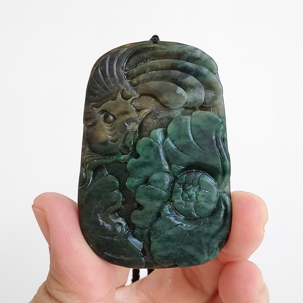 Natural Certificated Type A Untreated 59X39mm Dark Green Burmese Jadeite Rectangle Pendant With Flowers And Phoenix Carved,DIY Jewelry Supplies