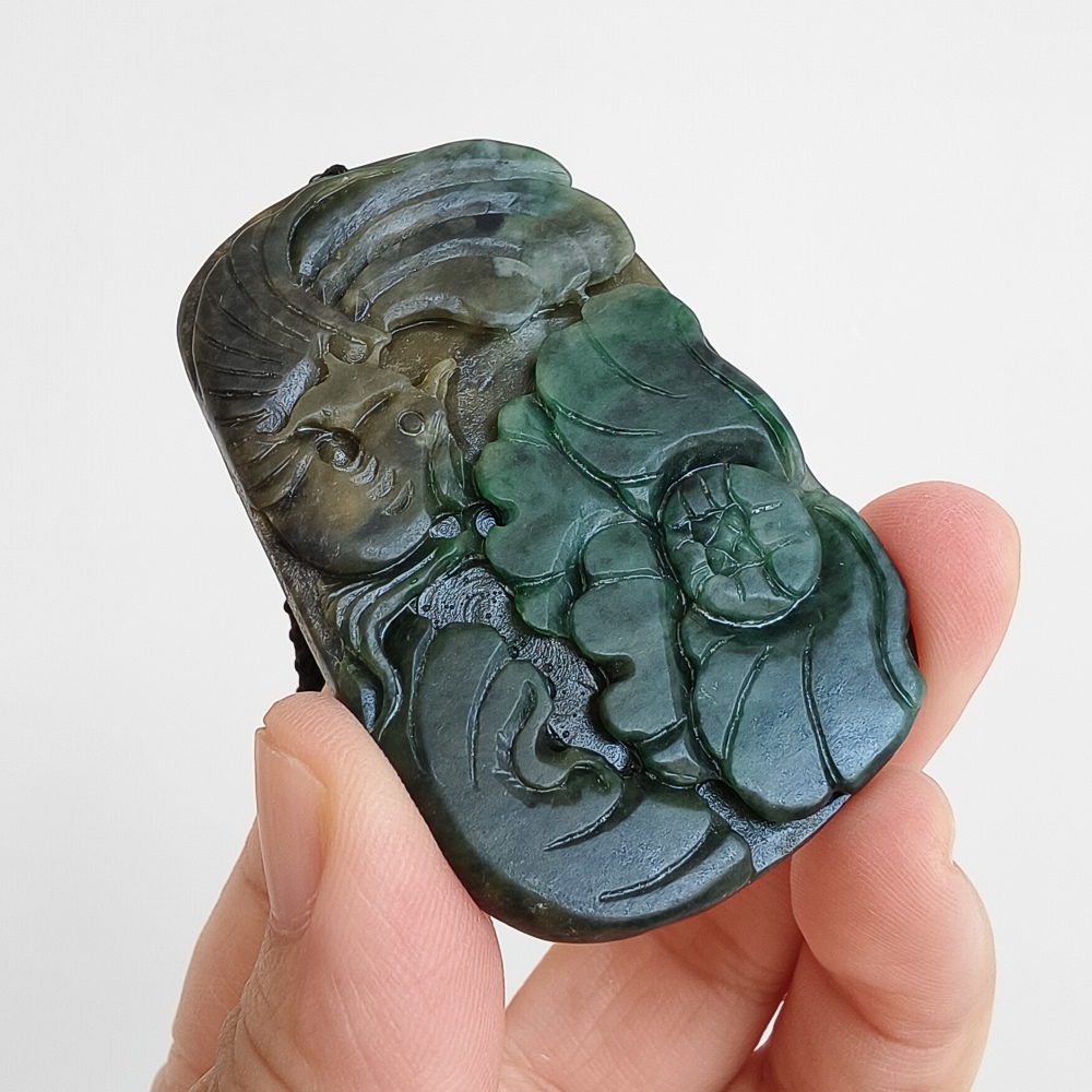 Natural Certificated Type A Untreated 59X39mm Dark Green Burmese Jadeite Rectangle Pendant With Flowers And Phoenix Carved,DIY Jewelry Supplies