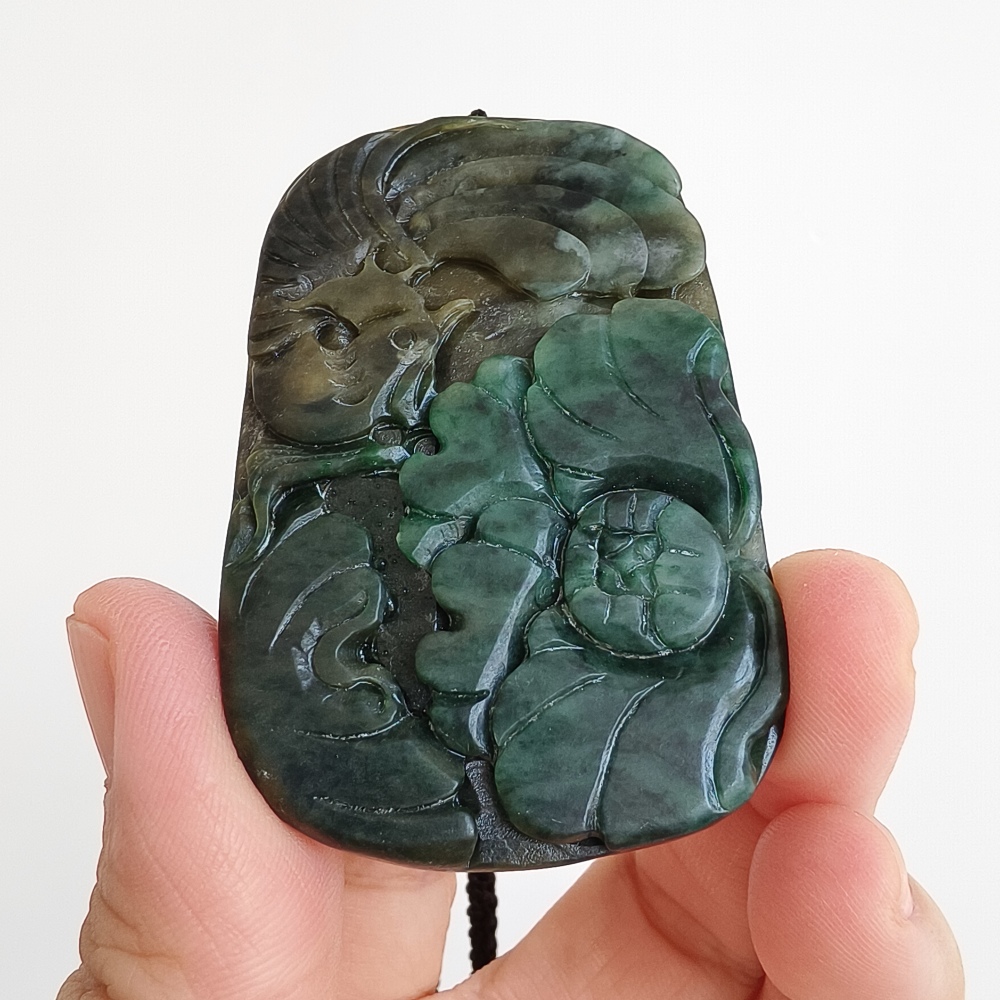 Natural Certificated Type A Untreated 59X39mm Dark Green Burmese Jadeite Rectangle Pendant With Flowers And Phoenix Carved,DIY Jewelry Supplies