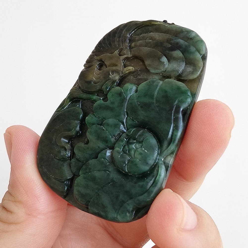 Natural Certificated Type A Untreated 59X39mm Dark Green Burmese Jadeite Rectangle Pendant With Flowers And Phoenix Carved,DIY Jewelry Supplies