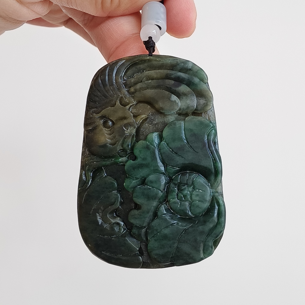 Natural Certificated Type A Untreated 59X39mm Dark Green Burmese Jadeite Rectangle Pendant With Flowers And Phoenix Carved,DIY Jewelry Supplies