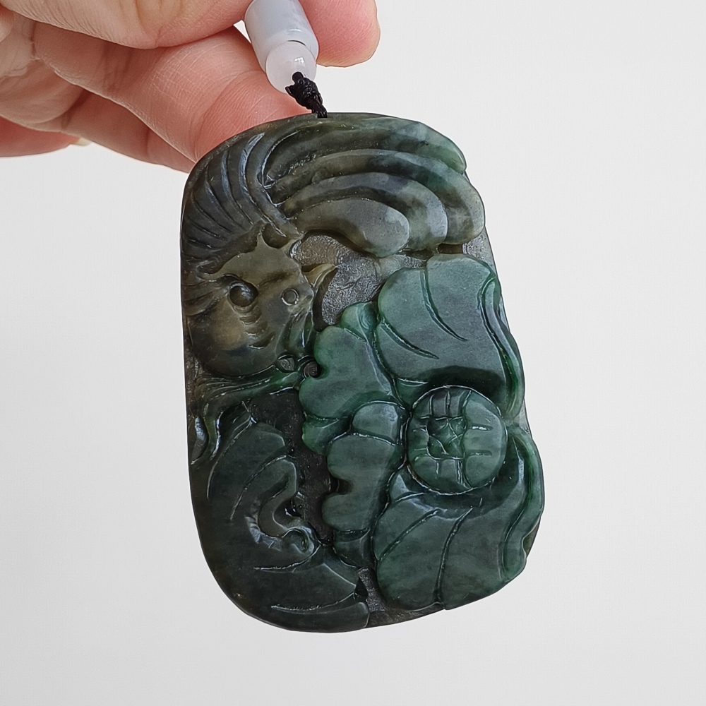Natural Certificated Type A Untreated 59X39mm Dark Green Burmese Jadeite Rectangle Pendant With Flowers And Phoenix Carved,DIY Jewelry Supplies