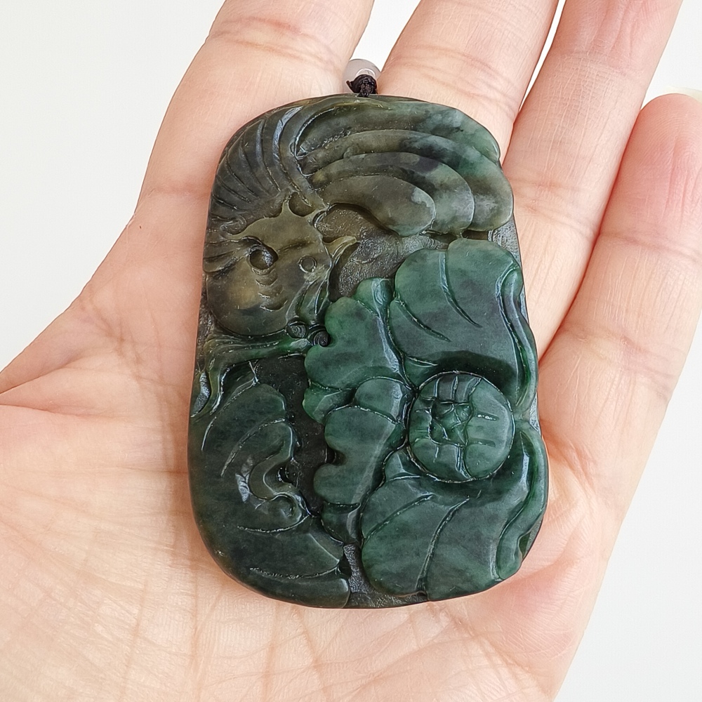 Natural Certificated Type A Untreated 59X39mm Dark Green Burmese Jadeite Rectangle Pendant With Flowers And Phoenix Carved,DIY Jewelry Supplies