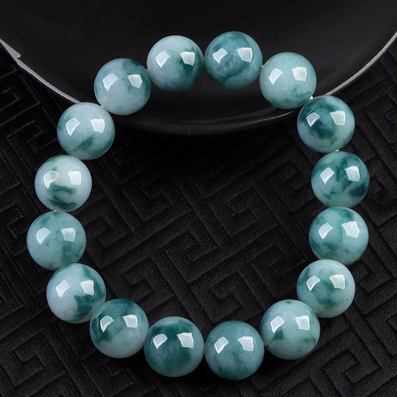 Natural Type A Untreated 12.5mm White Jadeite With Floating Blue Patterns Round Beads Bracelet,Ball Beads Bracelet,DIY Jewelry Supplies