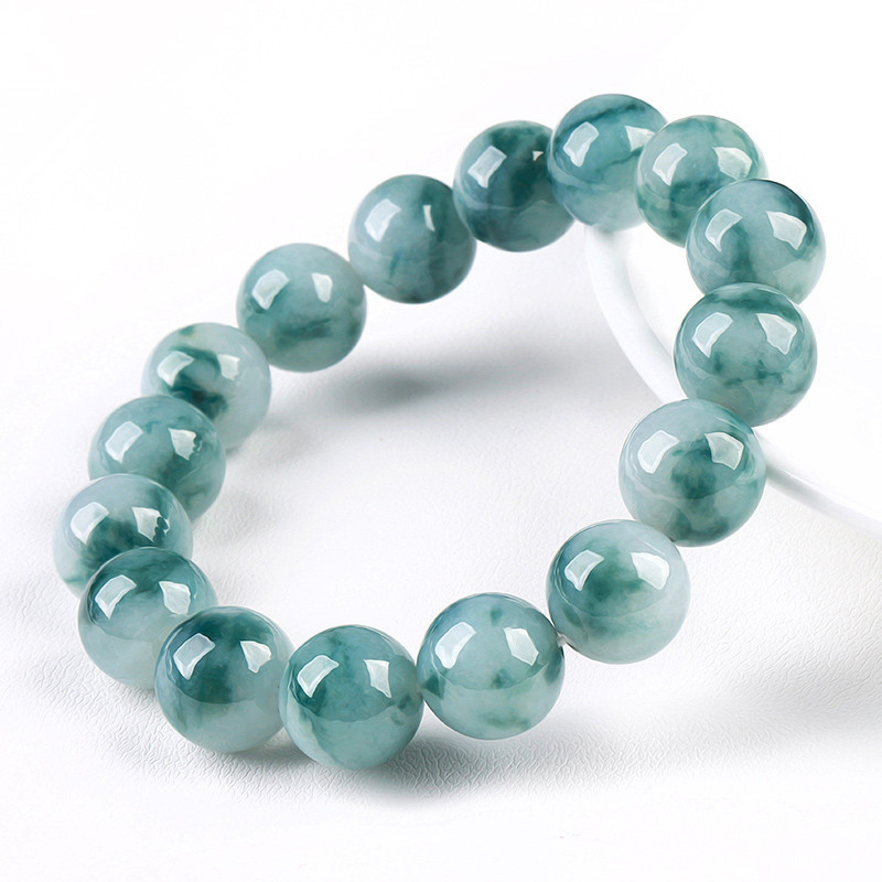 Natural Type A Untreated 12.5mm White Jadeite With Floating Blue Patterns Round Beads Bracelet,Ball Beads Bracelet,DIY Jewelry Supplies