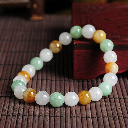 Natural Type A Untreated 8mm Green White With Yellow Burmese Jadeite Hand Carved Round Beads Bracelet,DIY Jewelry Supplies