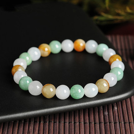 Natural Type A Untreated 8mm Green White With Yellow Burmese Jadeite Hand Carved Round Beads Bracelet,DIY Jewelry Supplies