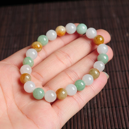 Natural Type A Untreated 8mm Green White With Yellow Burmese Jadeite Hand Carved Round Beads Bracelet,DIY Jewelry Supplies