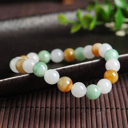 Natural Type A Untreated 8mm Green White With Yellow Burmese Jadeite Hand Carved Round Beads Bracelet,DIY Jewelry Supplies