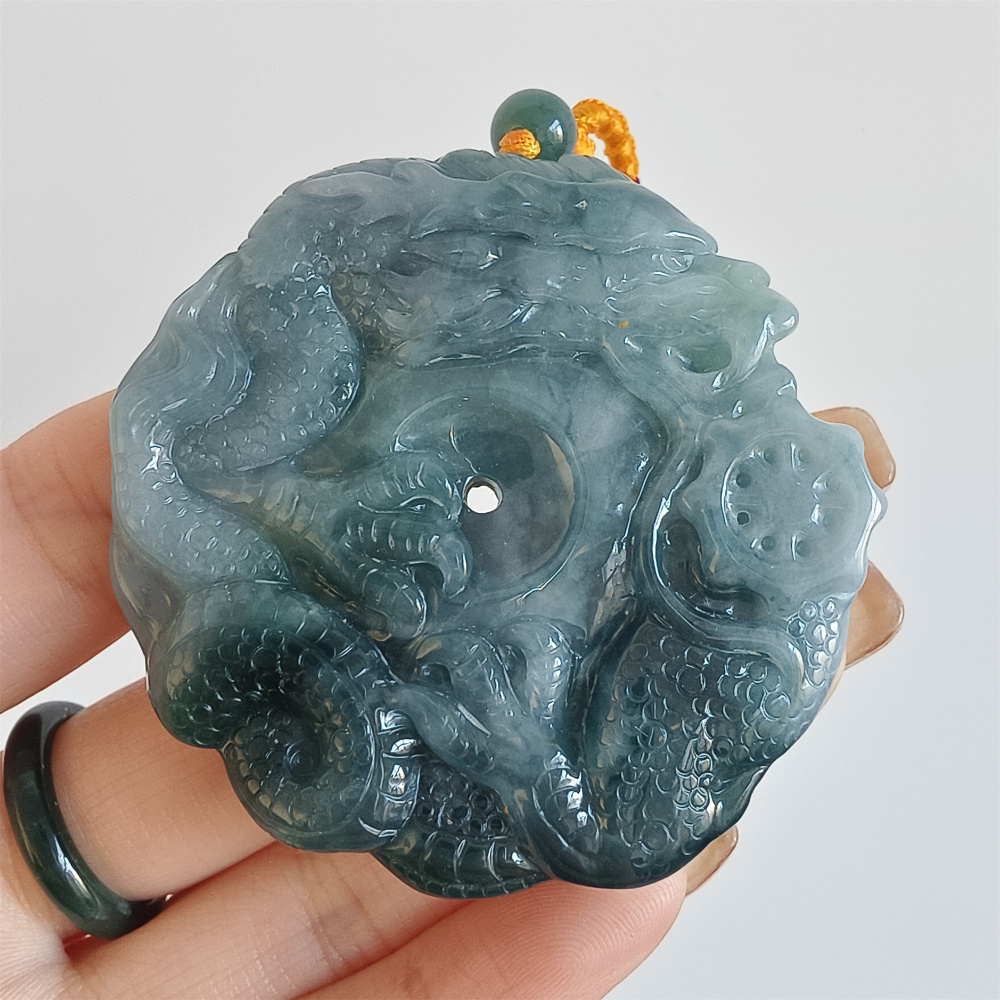 Natural Certificated Type A Untreated 52mm Blue Icy Watery Guatemalan Jadeite Round Pendant With Dragon Carved,Amulet Pendant,DIY Jewelry Supplies