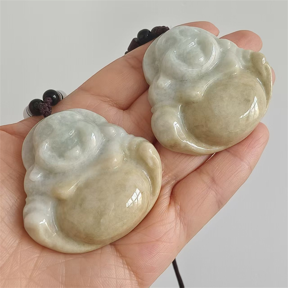 Natural Hand Carved Yellow Color Heated Burmese Jadeite Maitreya Buddha Pendant,Yellow Green Pendant,Amulet Pendant,DIY Jewelry Supplies