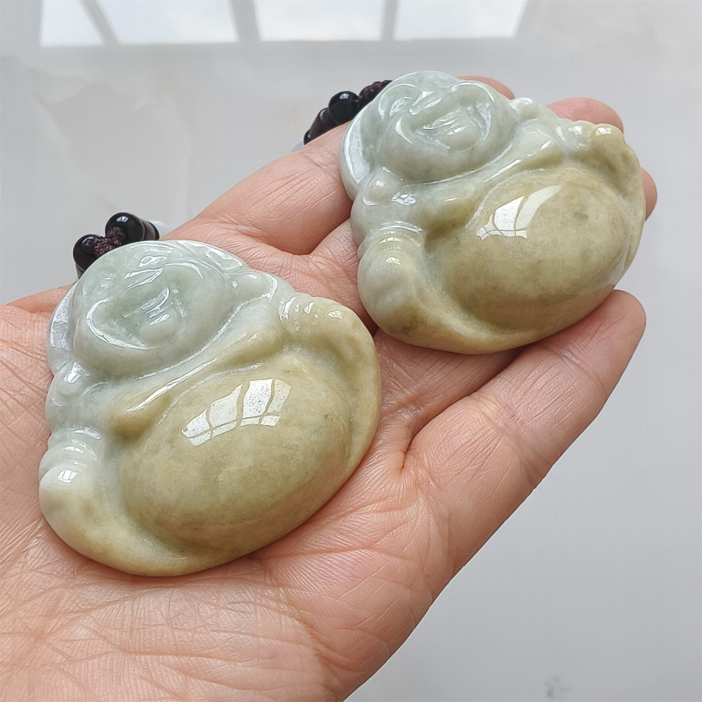 Natural Hand Carved Yellow Color Heated Burmese Jadeite Maitreya Buddha Pendant,Yellow Green Pendant,Amulet Pendant,DIY Jewelry Supplies