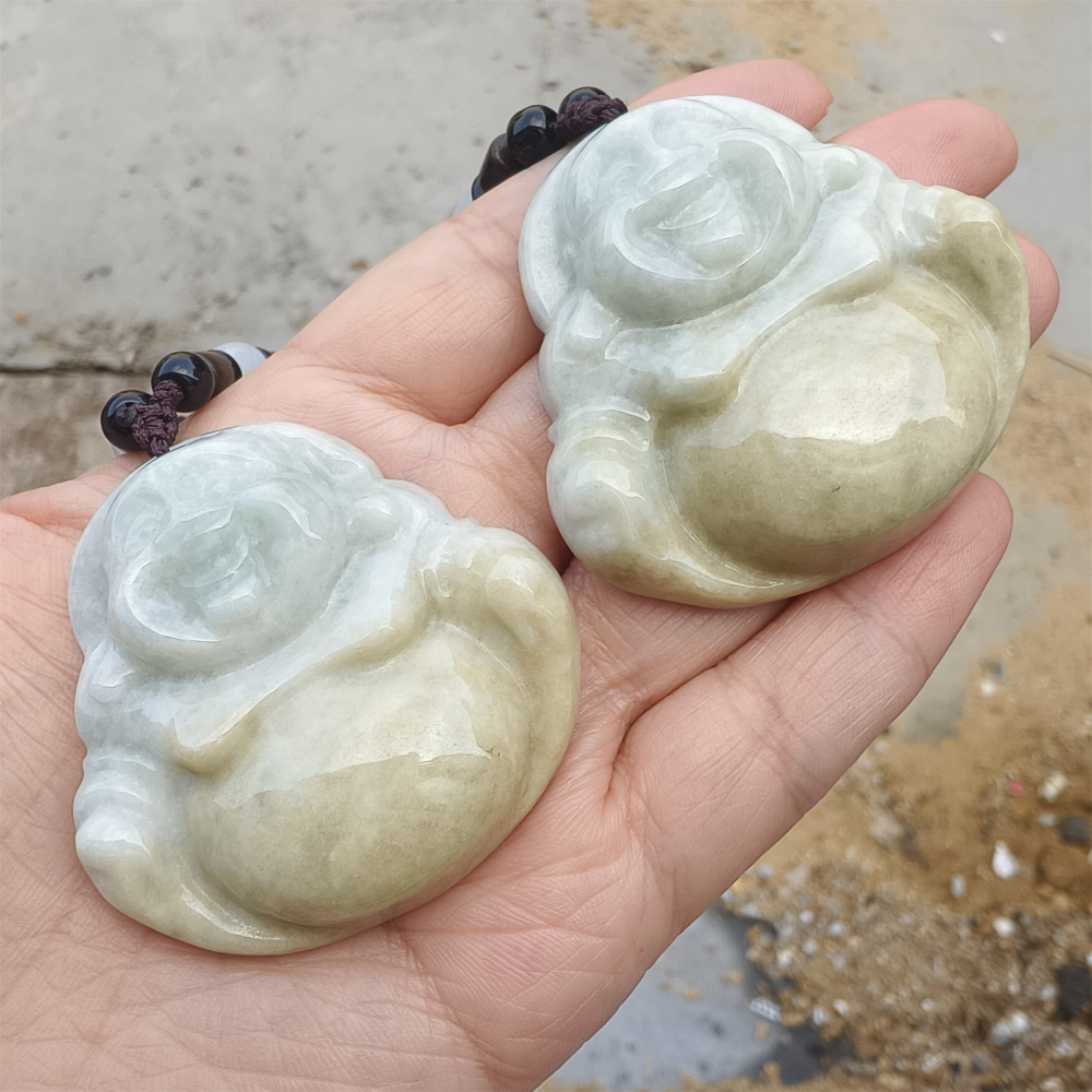 Natural Hand Carved Yellow Color Heated Burmese Jadeite Maitreya Buddha Pendant,Yellow Green Pendant,Amulet Pendant,DIY Jewelry Supplies