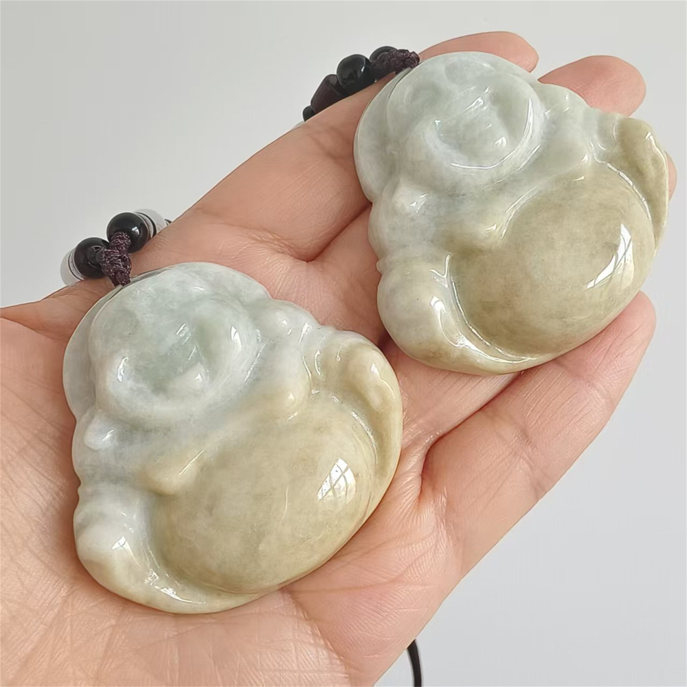Natural Hand Carved Yellow Color Heated Burmese Jadeite Maitreya Buddha Pendant,Yellow Green Pendant,Amulet Pendant,DIY Jewelry Supplies