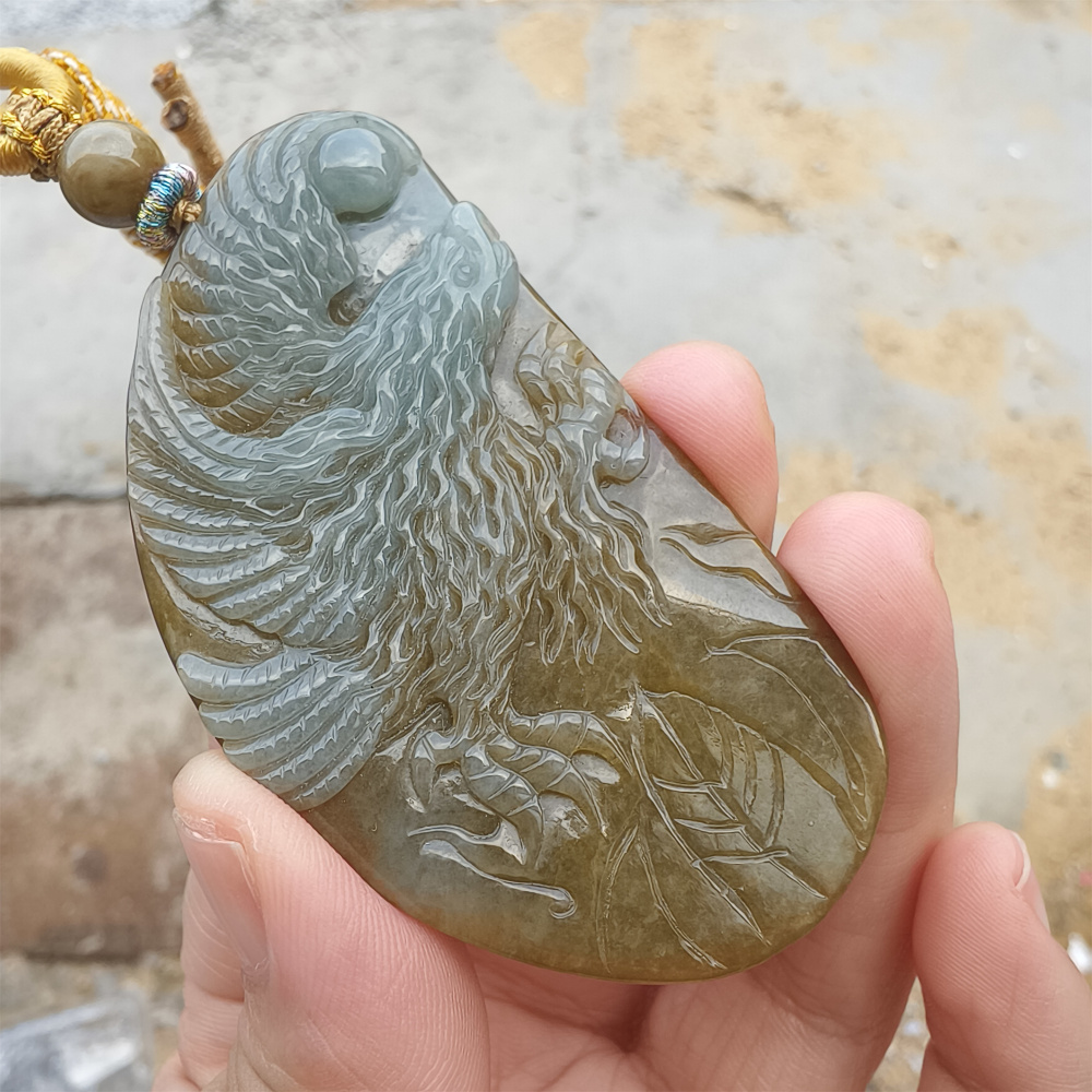 Unique Certificated Type A Untreated Green Blue Watery Burmese Jadeite Irregular Pendant With Eagle  Carved,DIY Jewelry Supplies