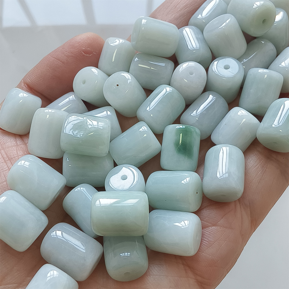 10pcs Natural Type A Untreated 13X10mm Green Icy Waxy Burmese Jadeite Barrel Beads,Burma Jadeite Loose Beads,DIY Jewelry Supplies