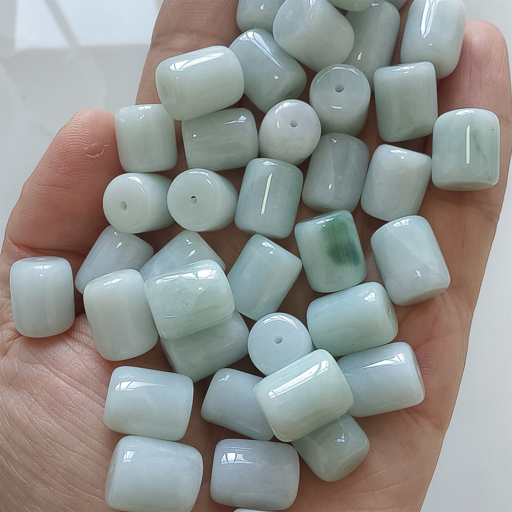 10pcs Natural Type A Untreated 13X10mm Green Icy Waxy Burmese Jadeite Barrel Beads,Burma Jadeite Loose Beads,DIY Jewelry Supplies