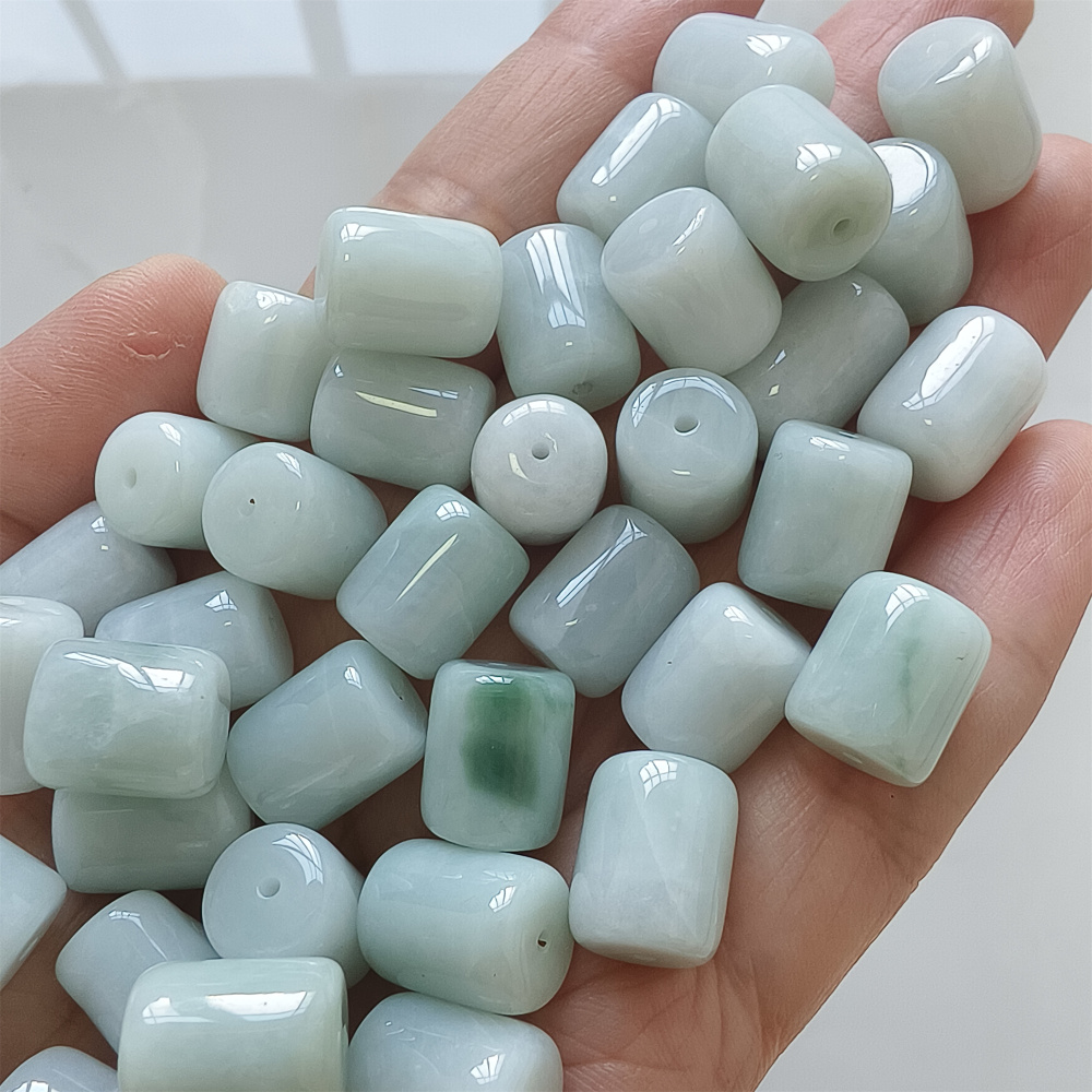 10pcs Natural Type A Untreated 13X10mm Green Icy Waxy Burmese Jadeite Barrel Beads,Burma Jadeite Loose Beads,DIY Jewelry Supplies