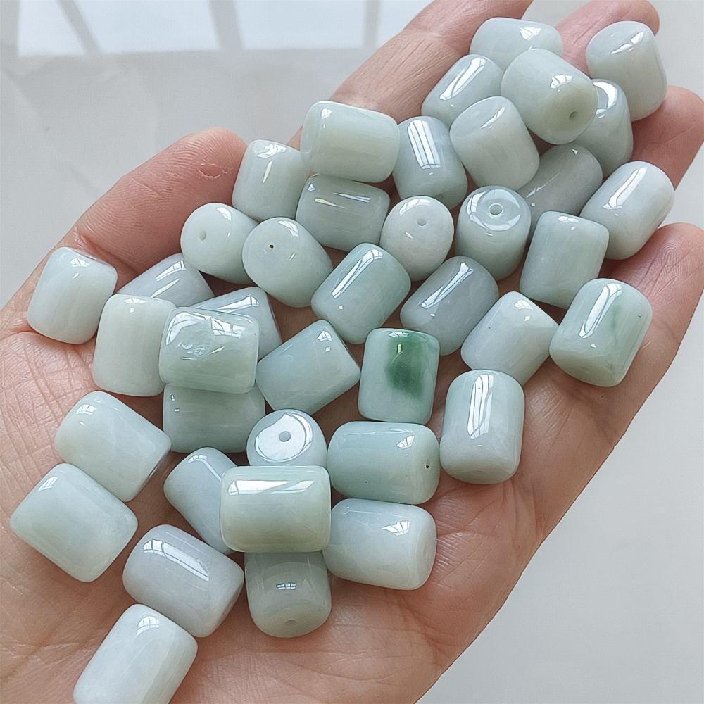 10pcs Natural Type A Untreated 13X10mm Green Icy Waxy Burmese Jadeite Barrel Beads,Burma Jadeite Loose Beads,DIY Jewelry Supplies