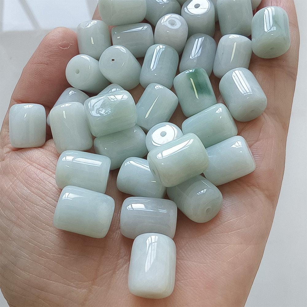 10pcs Natural Type A Untreated 13X10mm Green Icy Waxy Burmese Jadeite Barrel Beads,Burma Jadeite Loose Beads,DIY Jewelry Supplies