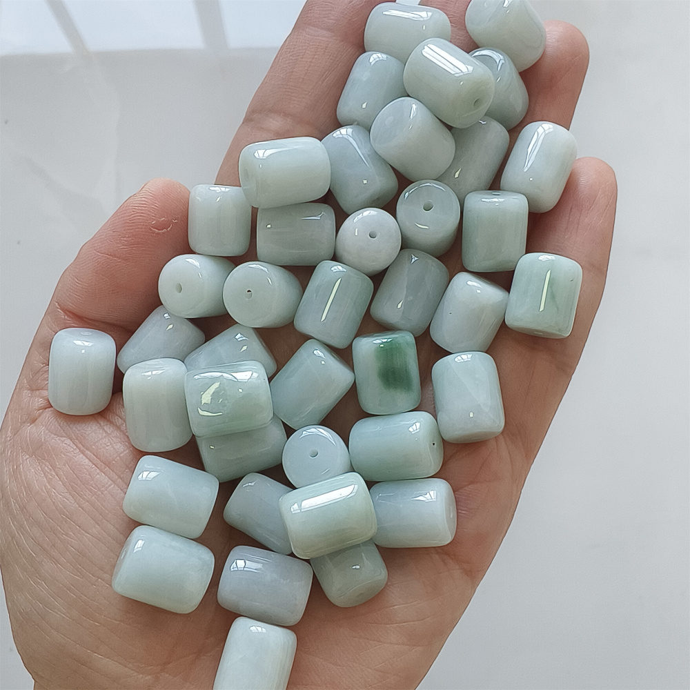 10pcs Natural Type A Untreated 13X10mm Green Icy Waxy Burmese Jadeite Barrel Beads,Burma Jadeite Loose Beads,DIY Jewelry Supplies