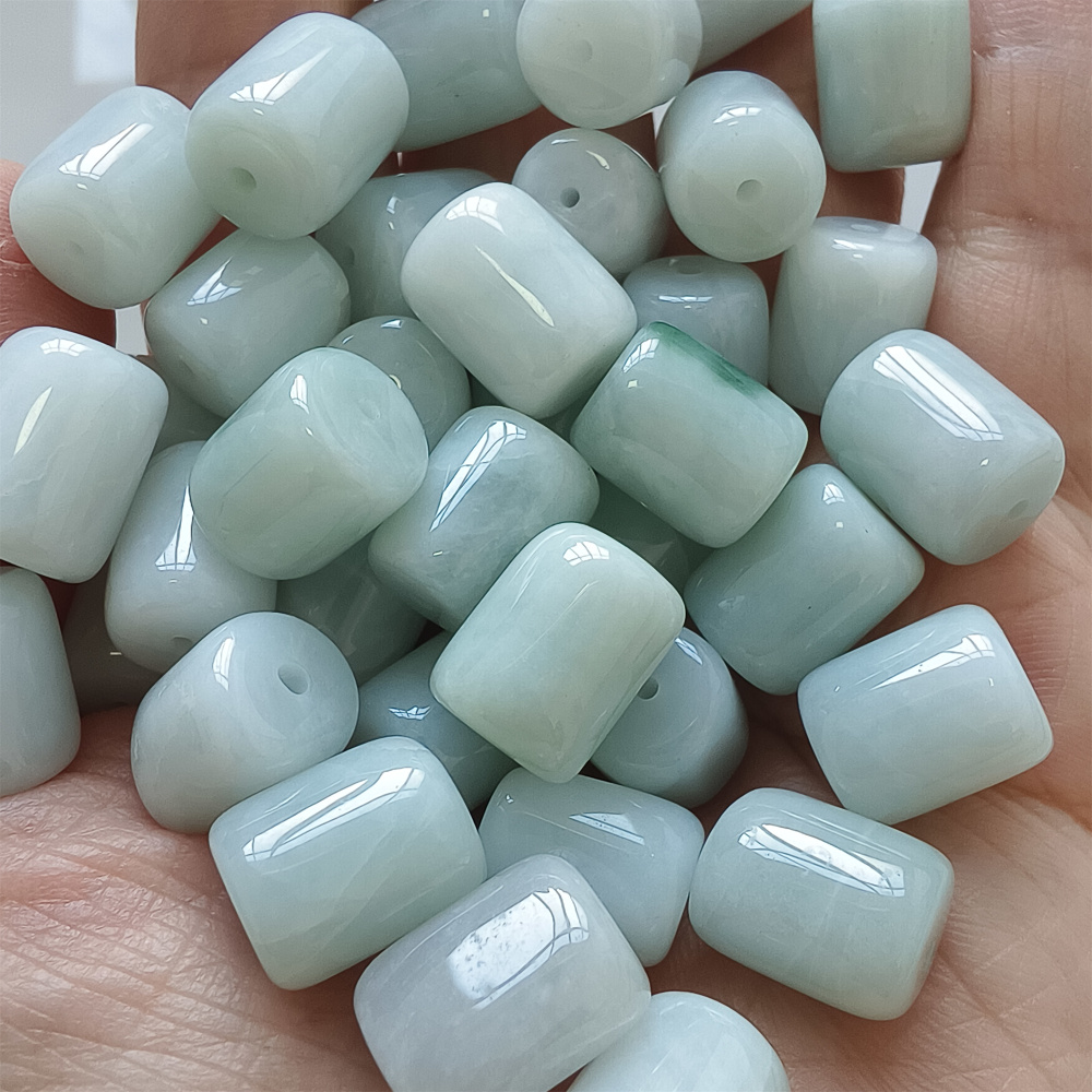 10pcs Natural Type A Untreated 13X10mm Green Icy Waxy Burmese Jadeite Barrel Beads,Burma Jadeite Loose Beads,DIY Jewelry Supplies