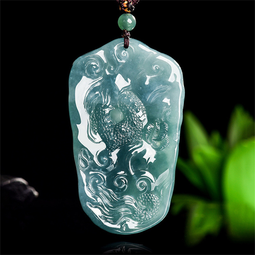 Natural Certificated Type A Untreated 64.5X38.5mm Blue Icy Watery Guatemalan Jadeite Rectangle Pendant With Dragon Carved,Chinese Zodiac,DIY Jewelry Supplies