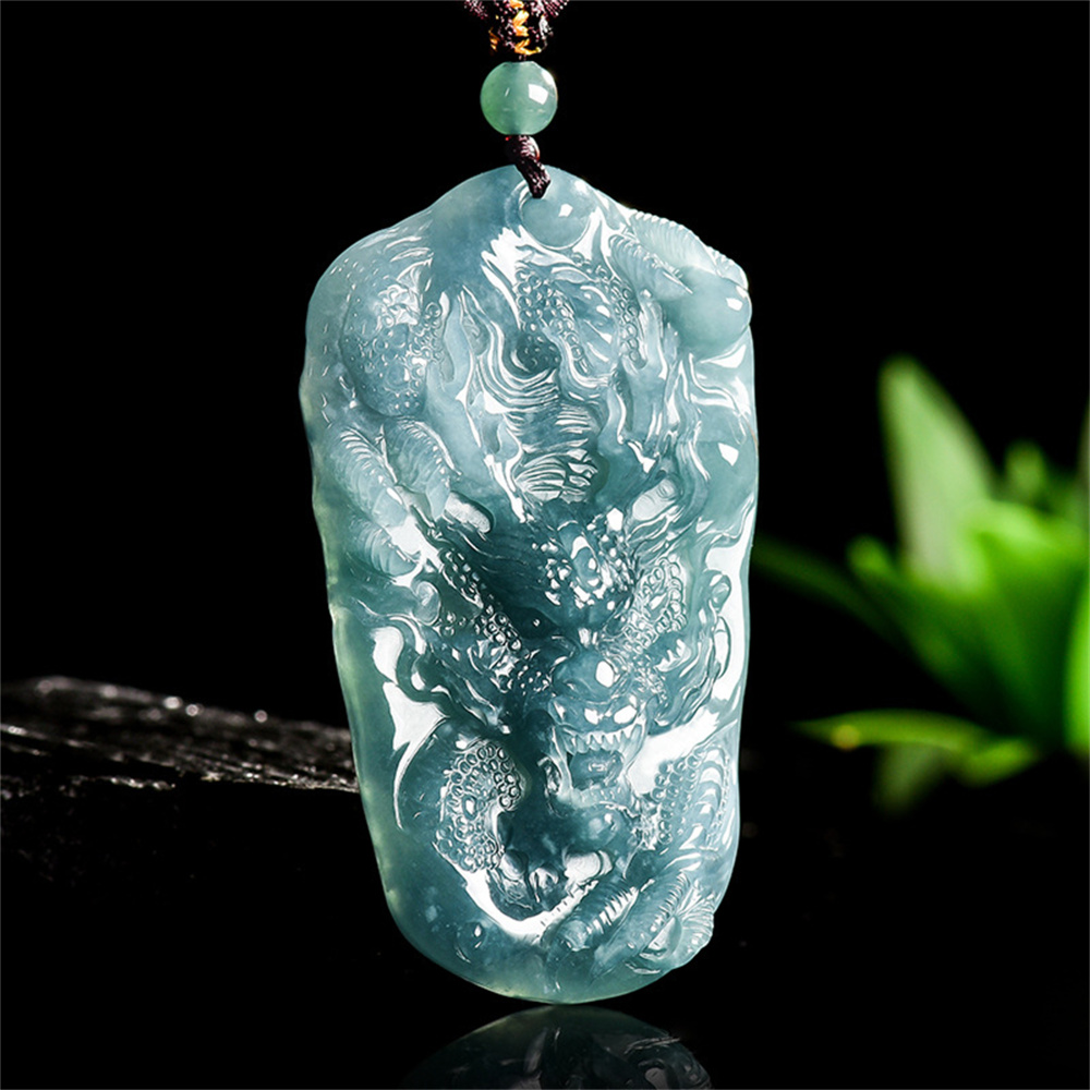 Natural Certificated Type A Untreated 64.5X38.5mm Blue Icy Watery Guatemalan Jadeite Rectangle Pendant With Dragon Carved,Chinese Zodiac,DIY Jewelry Supplies