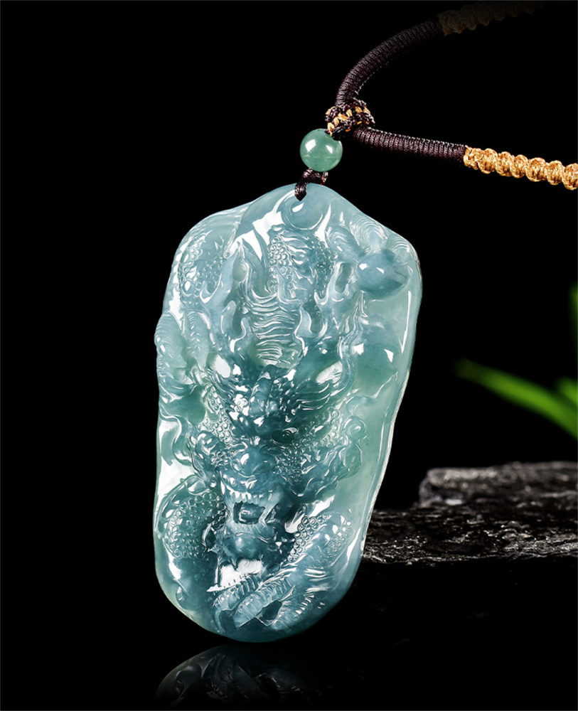 Natural Certificated Type A Untreated 64.5X38.5mm Blue Icy Watery Guatemalan Jadeite Rectangle Pendant With Dragon Carved,Chinese Zodiac,DIY Jewelry Supplies